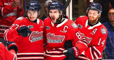 Oshawa Generals celebrate after defeating the North Bay Battalion in OHL Playoff action on April 26, 2024 (image source: X / @Oshawa_Generals)