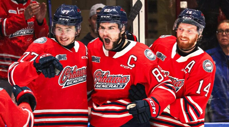 Oshawa Generals celebrate after defeating the North Bay Battalion in OHL Playoff action on April 26, 2024 (image source: X / @Oshawa_Generals)