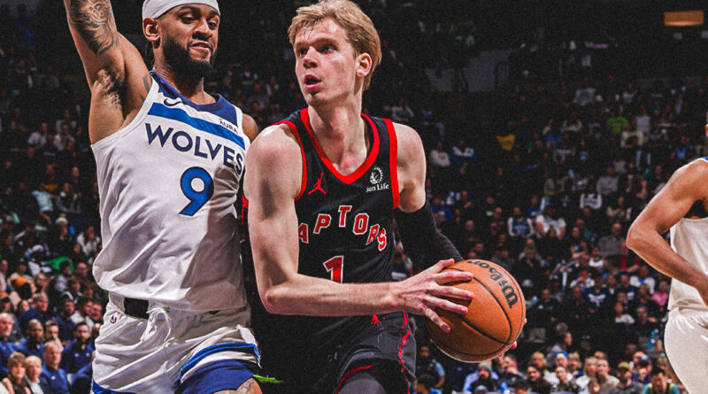 Grady Dick in NBA action against the Minnesota Timberwolves on April 3, 2024 (image source: X / @Raptors)
