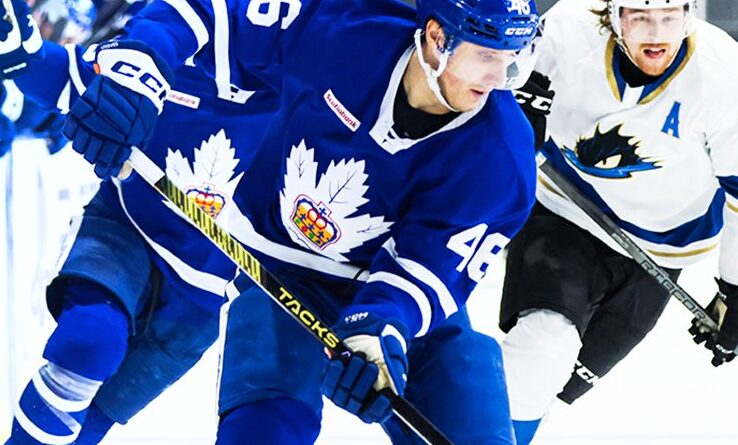 Alex Steeves of the Toronto Marlies in AHL action against the Cleveland Monsters on April 20, 2024 (image source: X / @TorontoMarlies)