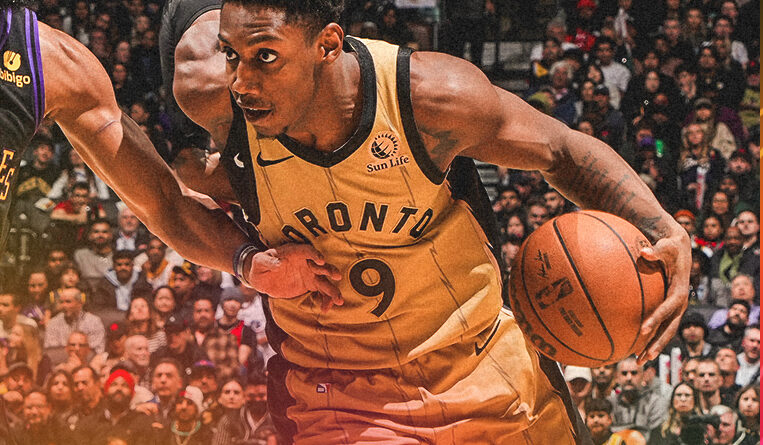 RJ Barrett of the Toronto Raptors in NBA action against the Los Angeles Lakers on April 2, 2024 (image source: X / @Raptors)