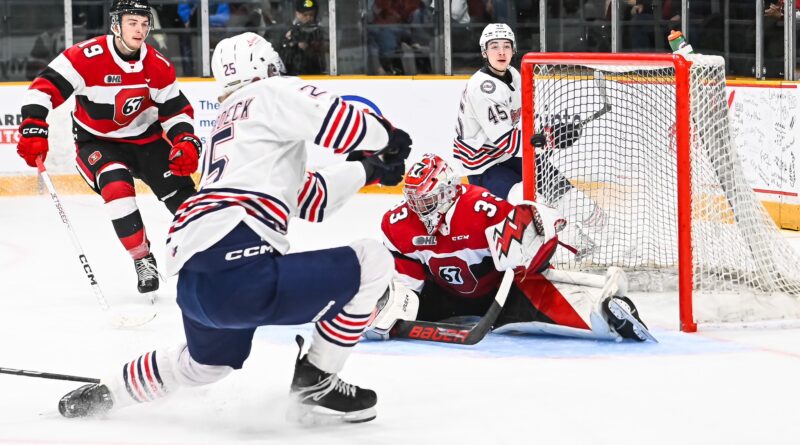 Dylan Roobroeck of the Oshawa Generals scores in OHL playoff action against the Ottawa 67's on April 18, 2024 (image source: X / @Oshawa_Generals)