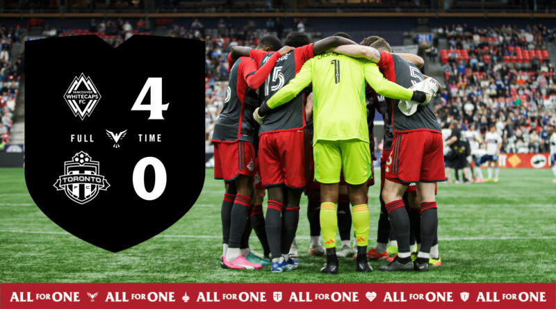 Toronto FC players in a huddle on April 6, 2024 during their match against the Vancouver Whitecaps (image source: X / @TorontoFC)