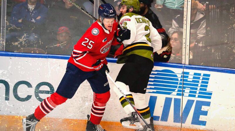 Dylan Roobroeck of the Oshawa Generals fights for the puck in OHL Playoff action against the North Bay Battalion on May 3, 2024 (image source: X / @Oshawa_Generals)