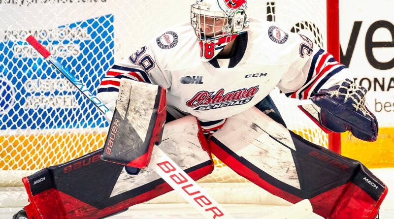 Jacob Oster of the Oshawa Generals during OHL playoff action on May 1, 2024 (image source: X / @Oshawa_Generals)