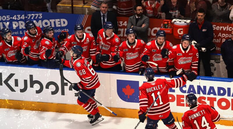 The Oshawa Generals celebrate after defeating North Bay Battalion in game 2 of the OHL Eastern conference finals on April 28, 2024 (image source: X / @Oshawa_Generals)