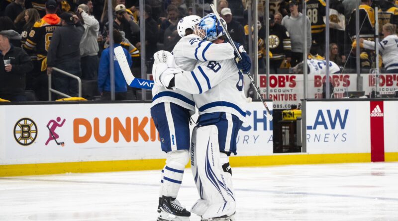 Toronto Maple Leafs celebrate after defeating the Boston Bruins in game 5 of their 2024 NHL first round playoff matchup (image source: X / @MapleLeafs)
