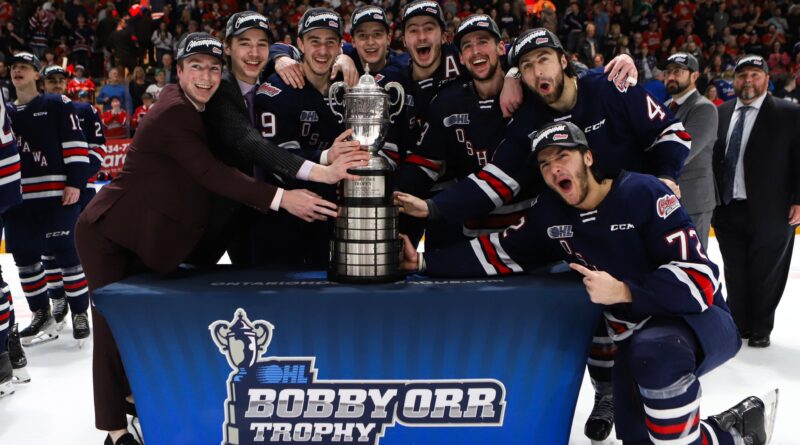 Oshawa Generals players celebrate on the ice after defeating the North bay battalion in the OHL Eastern conference Finals to win the Bobby Orr Trophy on May 6, 2024 (source: X / @Oshawa_Generals)
