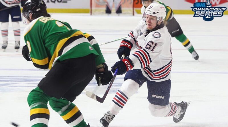 Ethan Toms in OHL Finals action against the London Knights on May 11, 2024 (image source: X / @Oshawa_Generals)