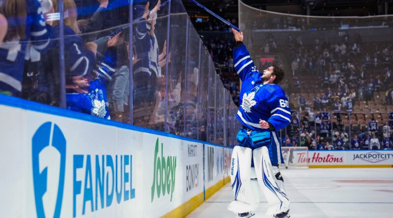 Goalie Joseph Woll of the Toronto Maple Leafs gives away his game stick at the end of the Maple Leafs 'do or die' game 6 win against the Boston Bruins on May 2 2024 (image source: X / @MapleLeafs)