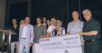The Primucci Family presents a cheque in the amount of $56,887 to Villa Charities. Marco DeVouno, President and Chief Executive Officer, Villa Charities accepts the donation on June 11, 2024. From left to right: Michael Primucci, Lori Primucci, Domenic Primucci, president of Pizza Nova, Samuel Primucci, Lucas Primucci, Mara Primucci, Anna Primucci, Gemma Primucci, Sam Primucci, CEO & Founder of Pizza Nova, Marco DeVuono, president & CEO of Villa Charities.
