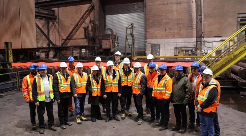 Made-in-Ontario steel shipment celebrated at Algoma Steel with workers and Ontario officials inside the Sault Ste. Marie steel plant.